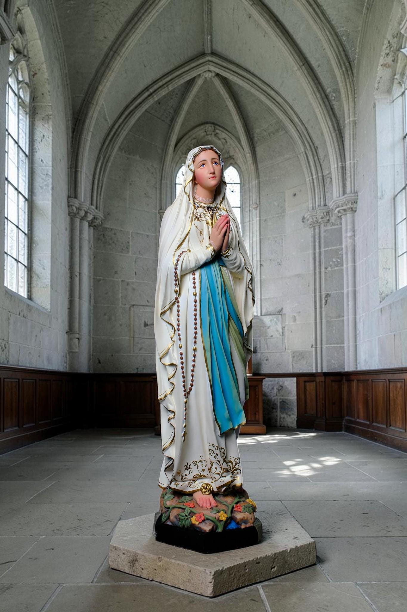 Our Lady of Lourdes Statue, Hand-Painted Stone Resin Catholic Home Altar Decor, Marian Religious Figurine (60cm)