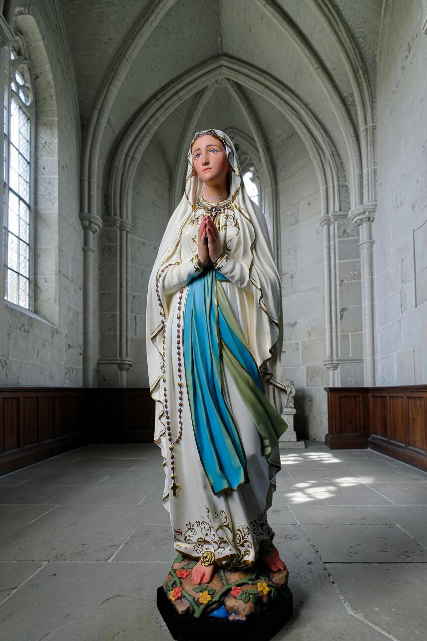 Our Lady of Lourdes Statue, Hand-Painted Stone Resin Catholic Home Altar Decor, Marian Religious Figurine (60cm)