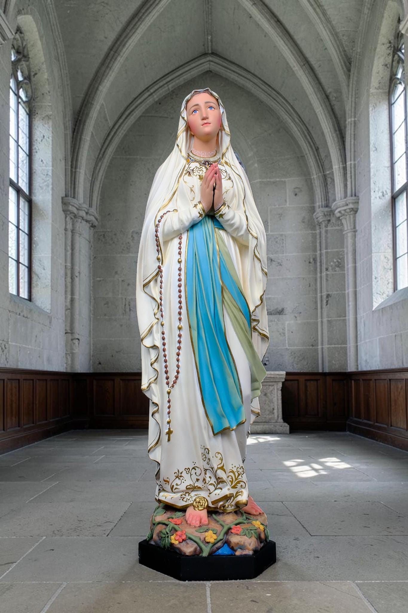 Our Lady of Lourdes Statue, Hand-Painted Stone Resin Catholic Home Altar Decor, Marian Religious Figurine (60cm)