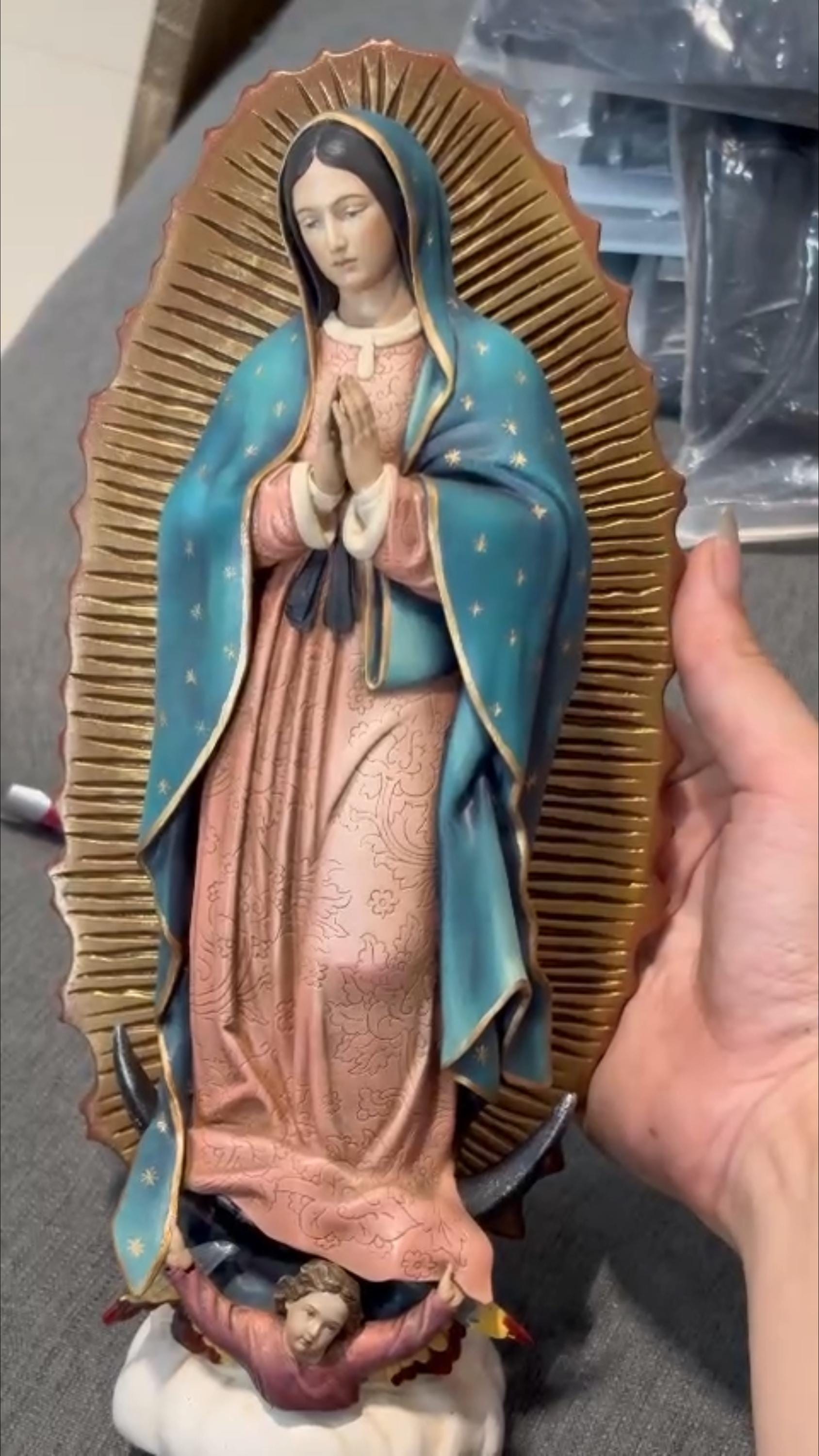 Hand-Painted Our Lady of Guadalupe Statue, Antique Finish Catholic Figurine, Stone Resin Altar Decor