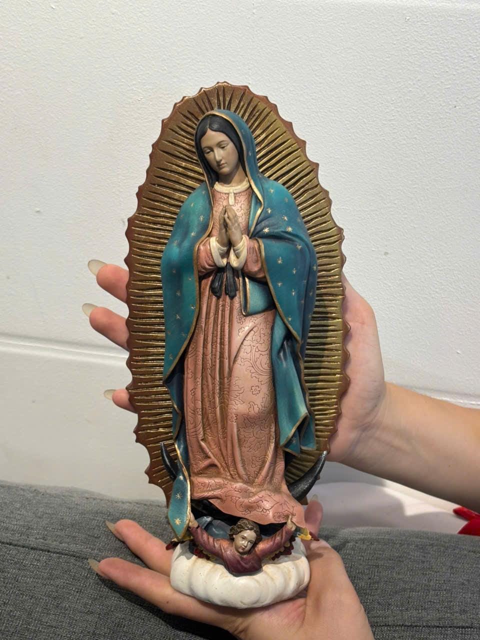 Hand-Painted Our Lady of Guadalupe Statue, Antique Finish Catholic Figurine, Stone Resin Altar Decor