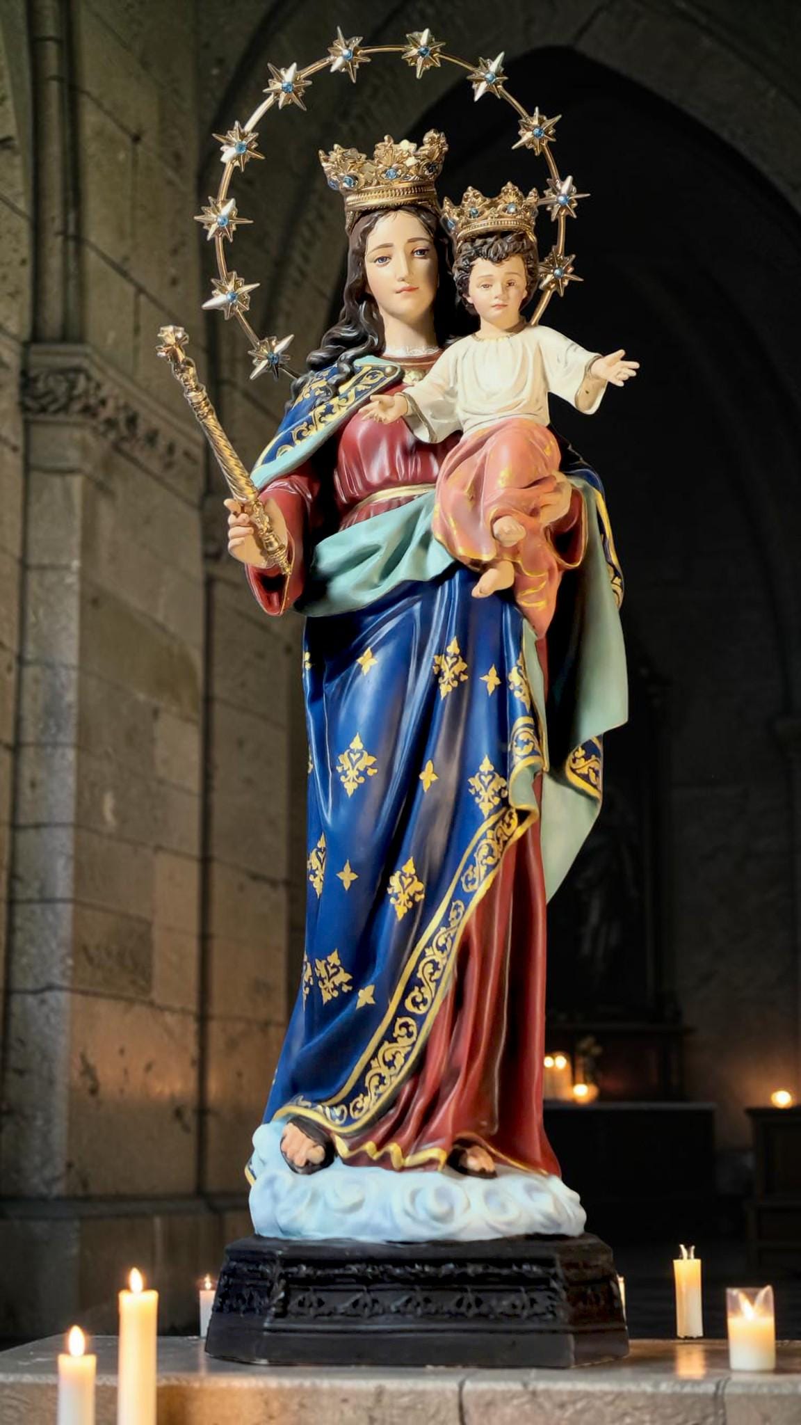 Our Lady Help of Christians Statue, 50cm Virgin Mary with Child Jesus Catholic Decor