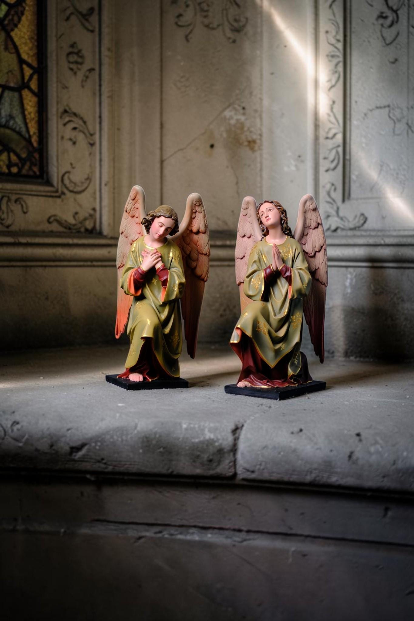 Hand-Painted Kneeling Angel Statues, Catholic Religious Decor, Stone Resin Figurines