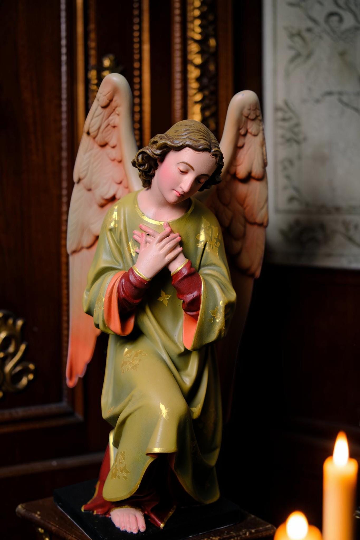 Hand-Painted Kneeling Angel Statues, Catholic Religious Decor, Stone Resin Figurines