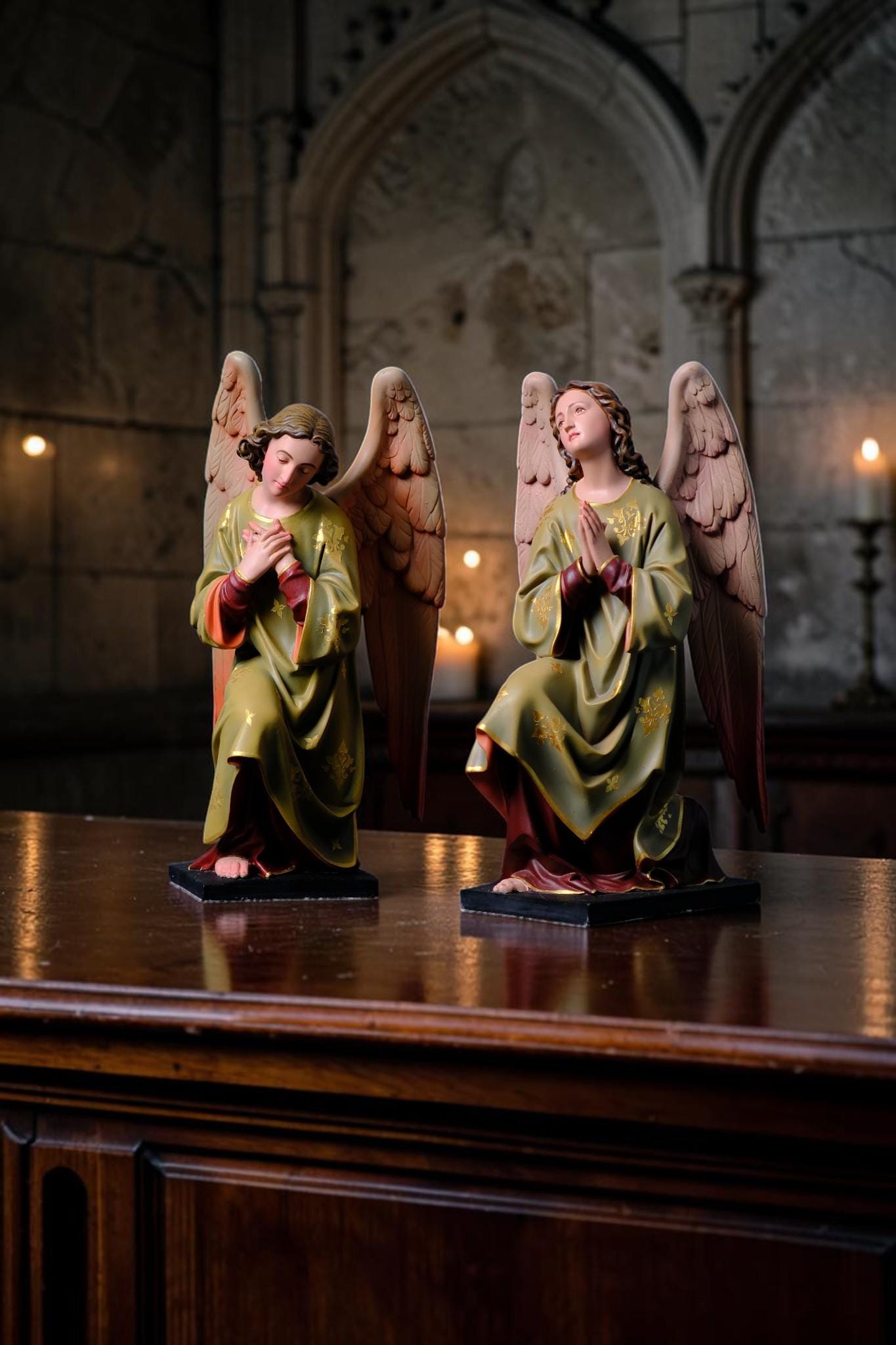 Hand-Painted Kneeling Angel Statues, Catholic Religious Decor, Stone Resin Figurines