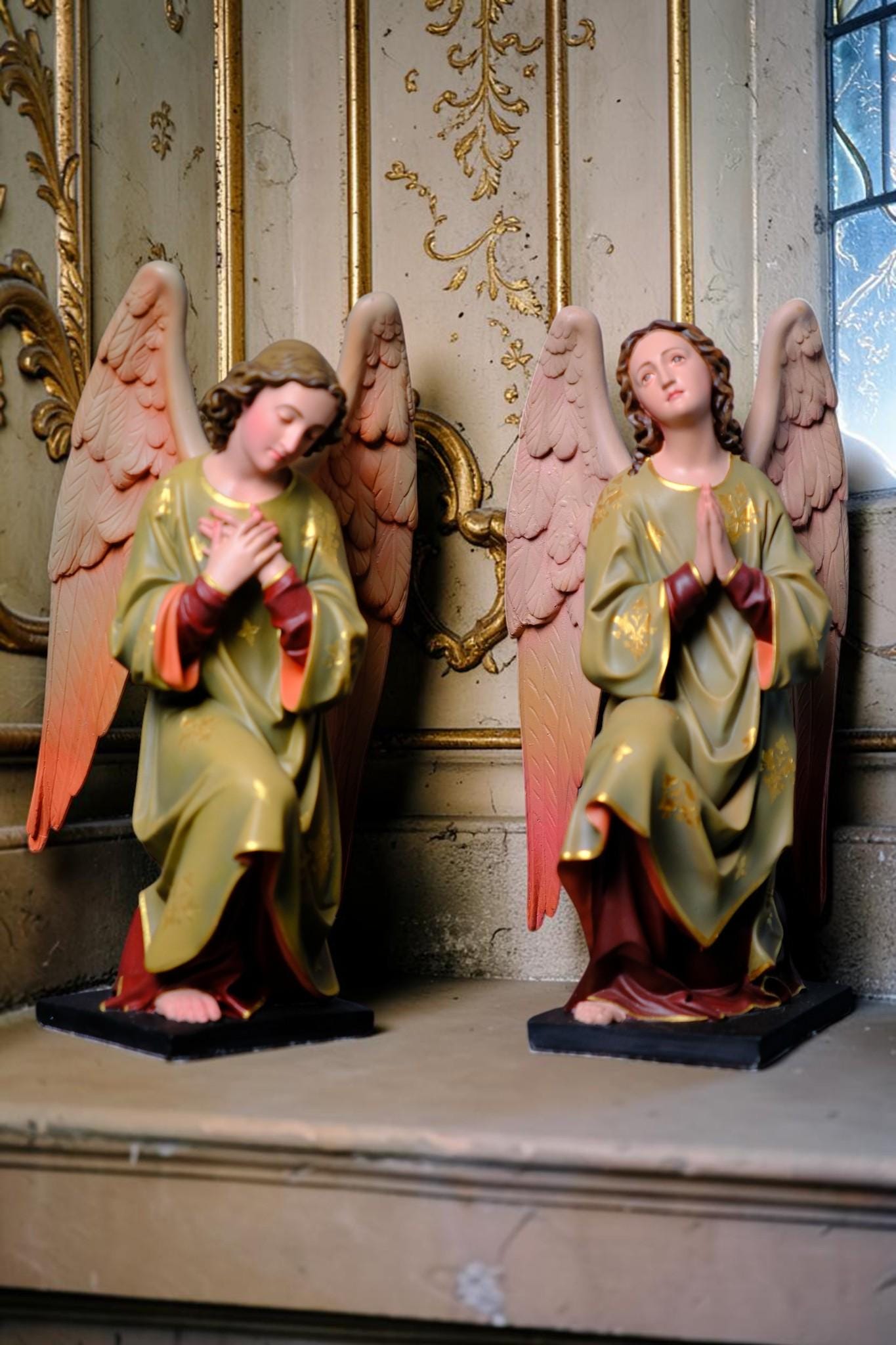 Hand-Painted Kneeling Angel Statues, Catholic Religious Decor, Stone Resin Figurines