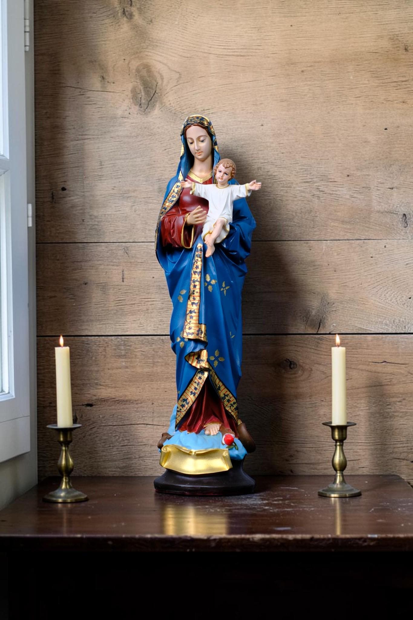 Virgin Mary with Child Jesus Statue Floral Catholic Home Altar Decor
