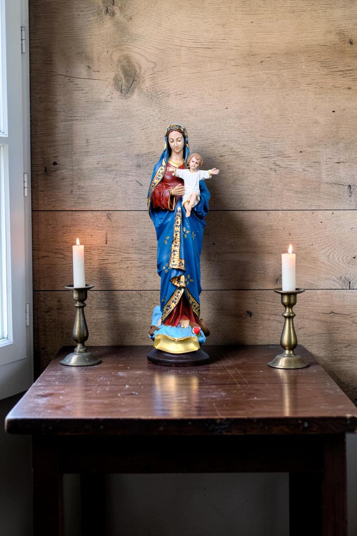 Virgin Mary with Child Jesus Statue Floral Catholic Home Altar Decor