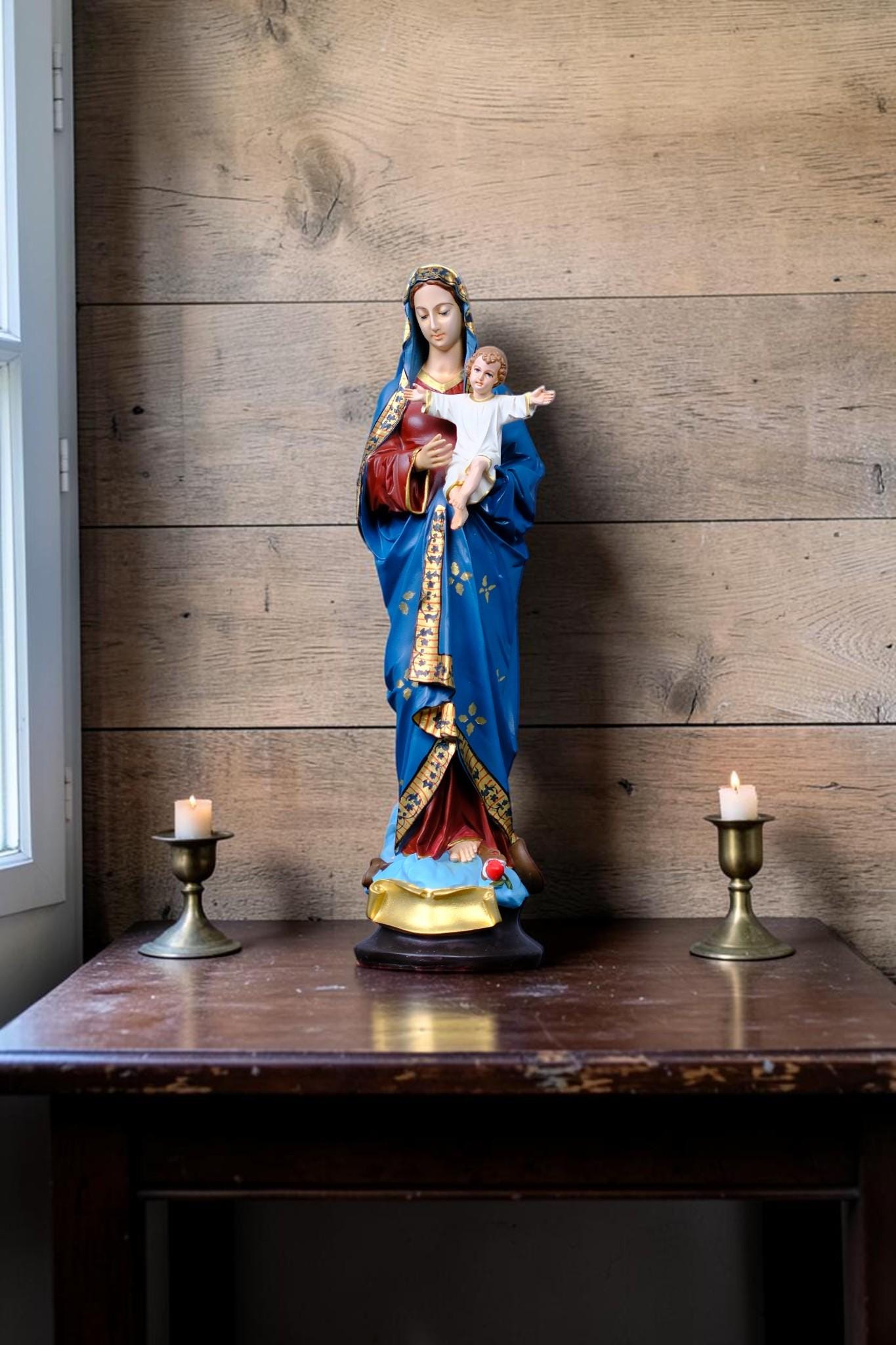 Virgin Mary with Child Jesus Statue Floral Catholic Home Altar Decor