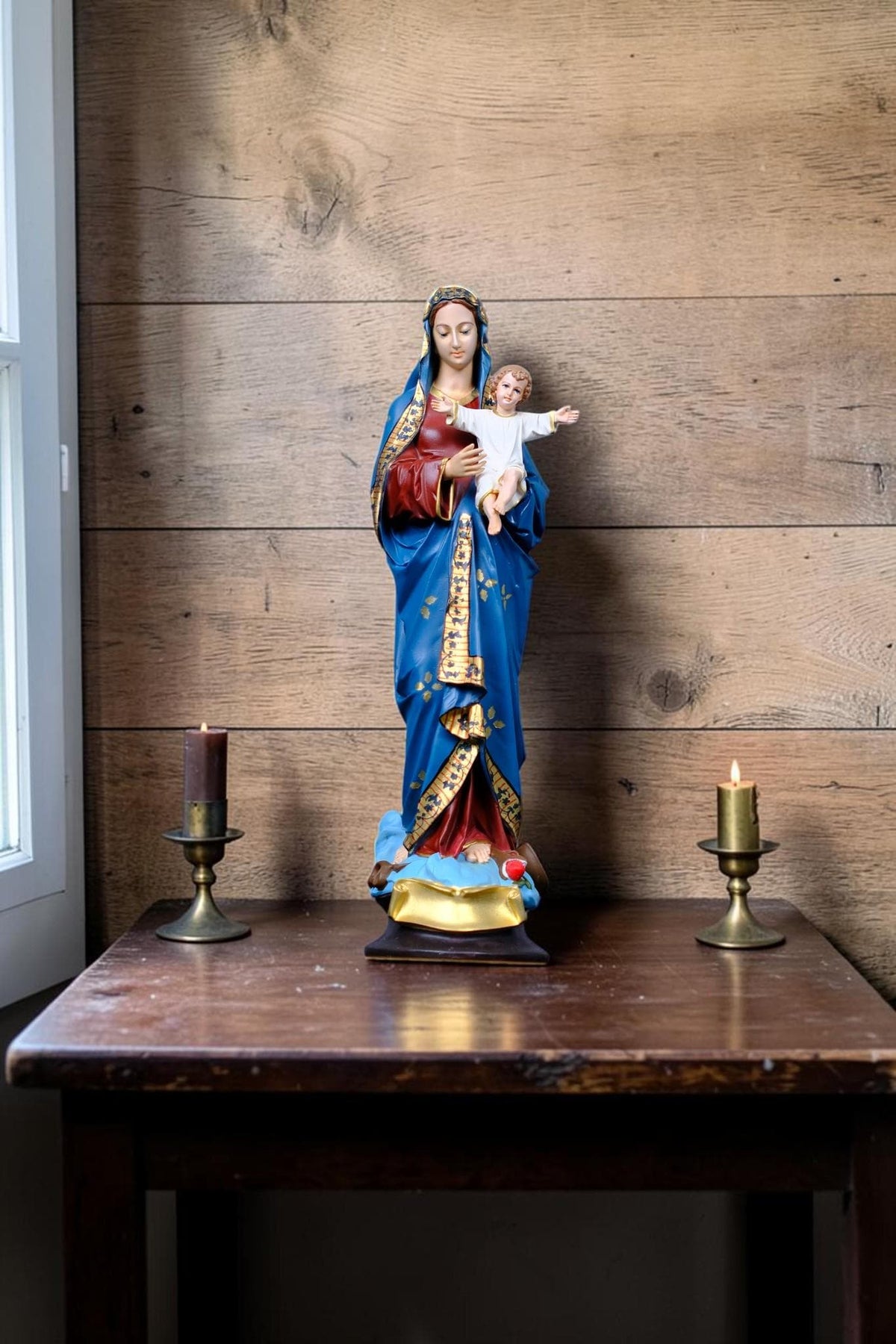Virgin Mary with Child Jesus Statue Floral Catholic Home Altar Decor
