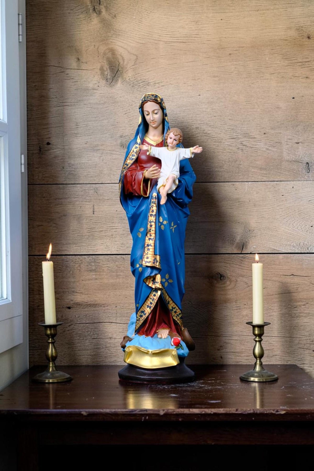 Virgin Mary with Child Jesus Statue Floral Catholic Home Altar Decor