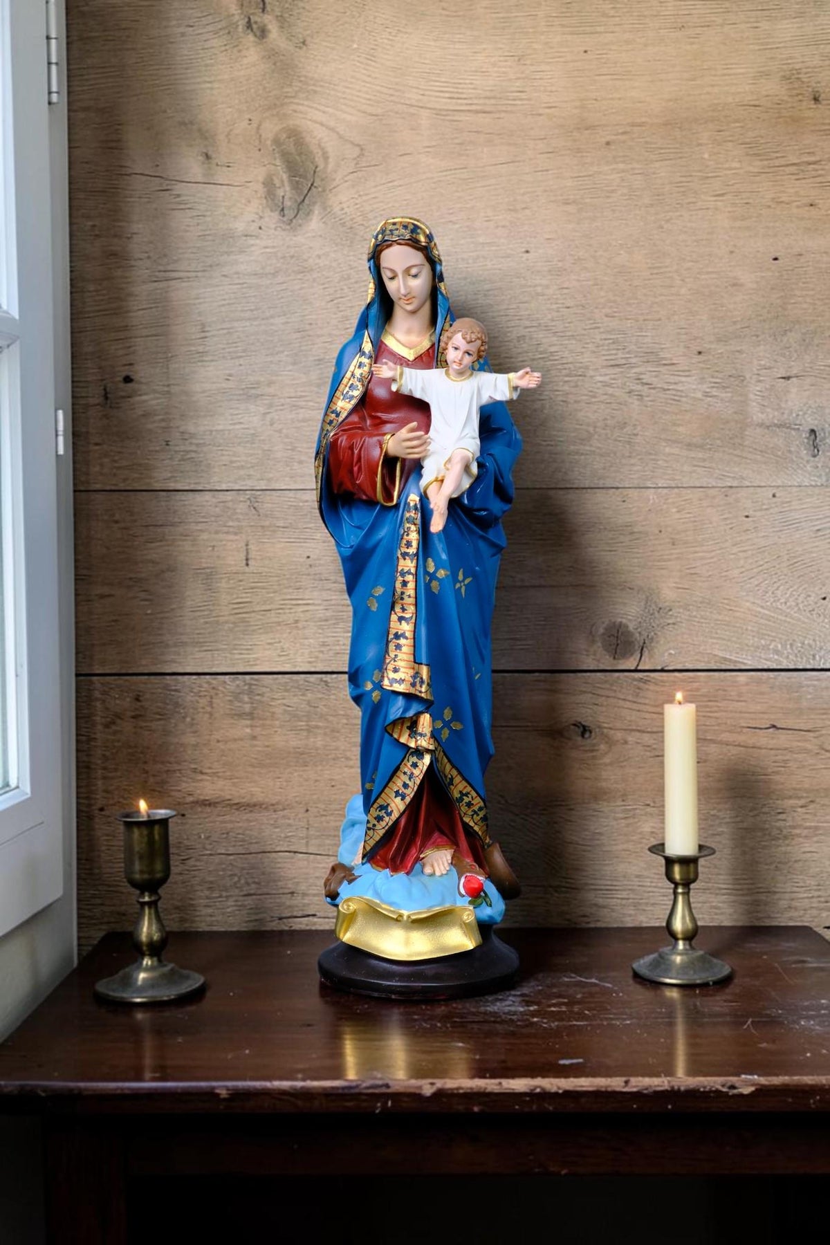 Virgin Mary with Child Jesus Statue Floral Catholic Home Altar Decor