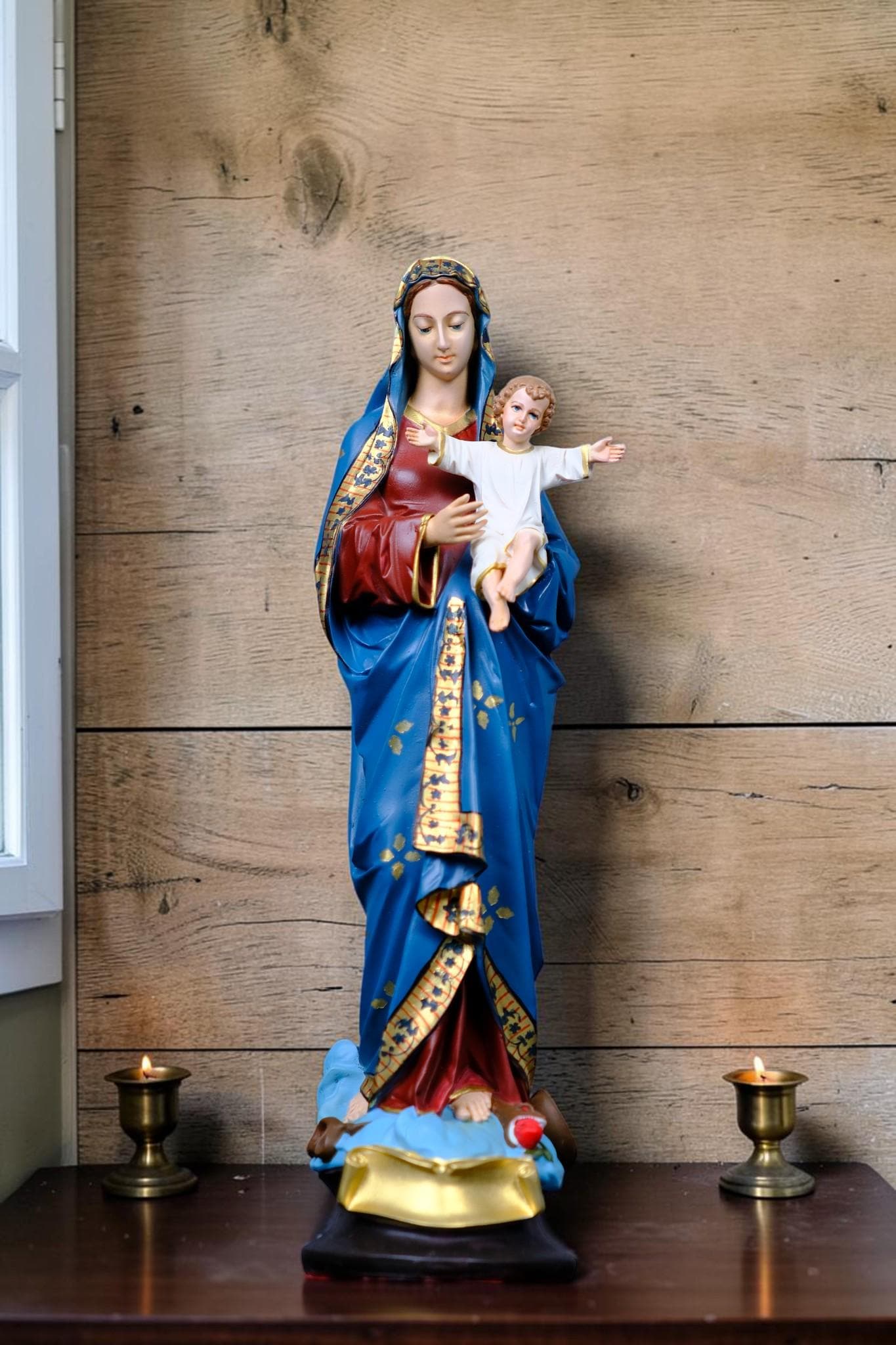Virgin Mary with Child Jesus Statue Floral Catholic Home Altar Decor