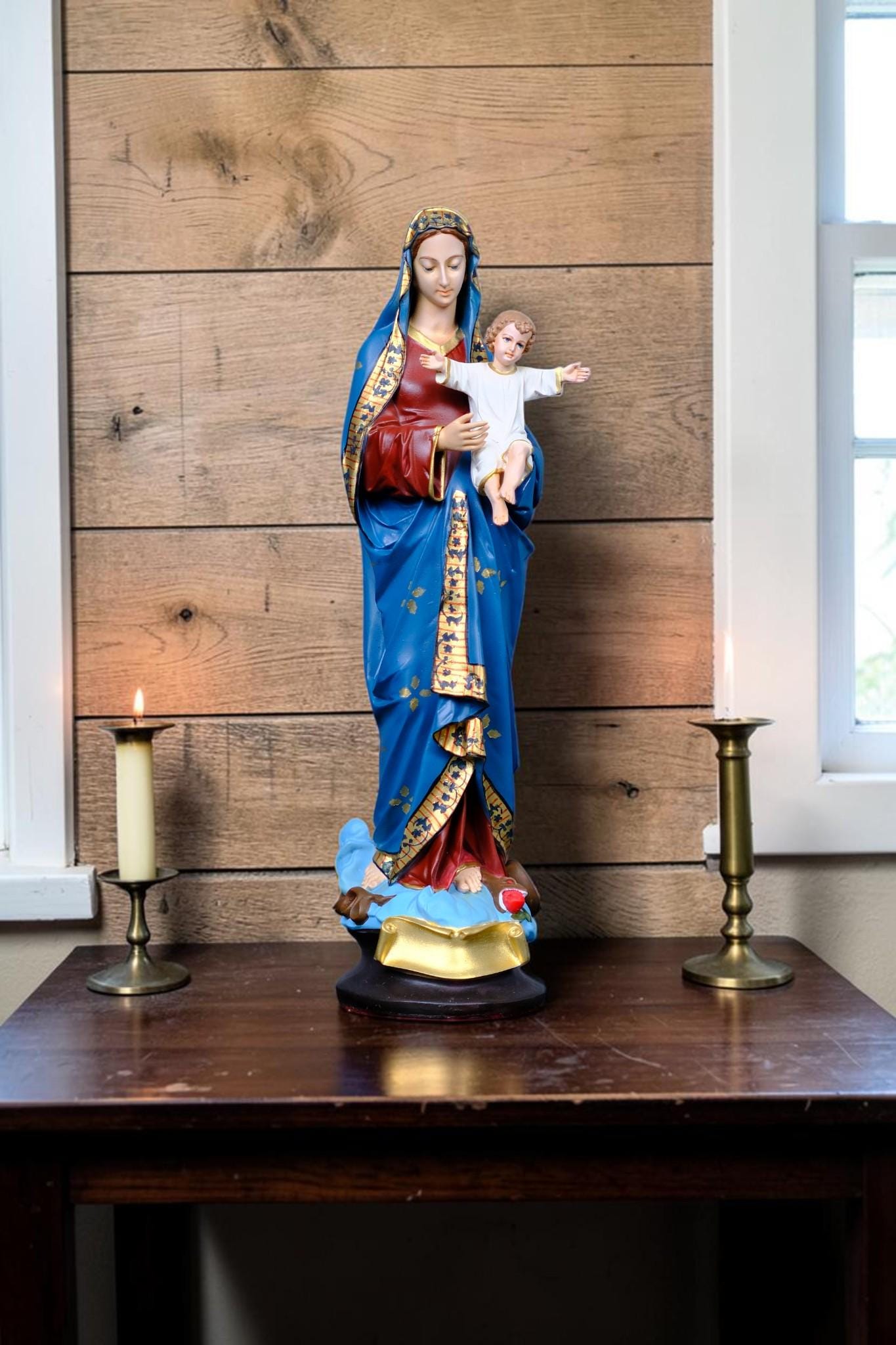 Virgin Mary with Child Jesus Statue Floral Catholic Home Altar Decor