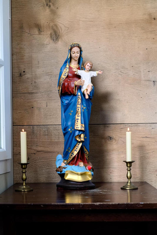 Virgin Mary with Child Jesus Statue Floral Catholic Home Altar Decor