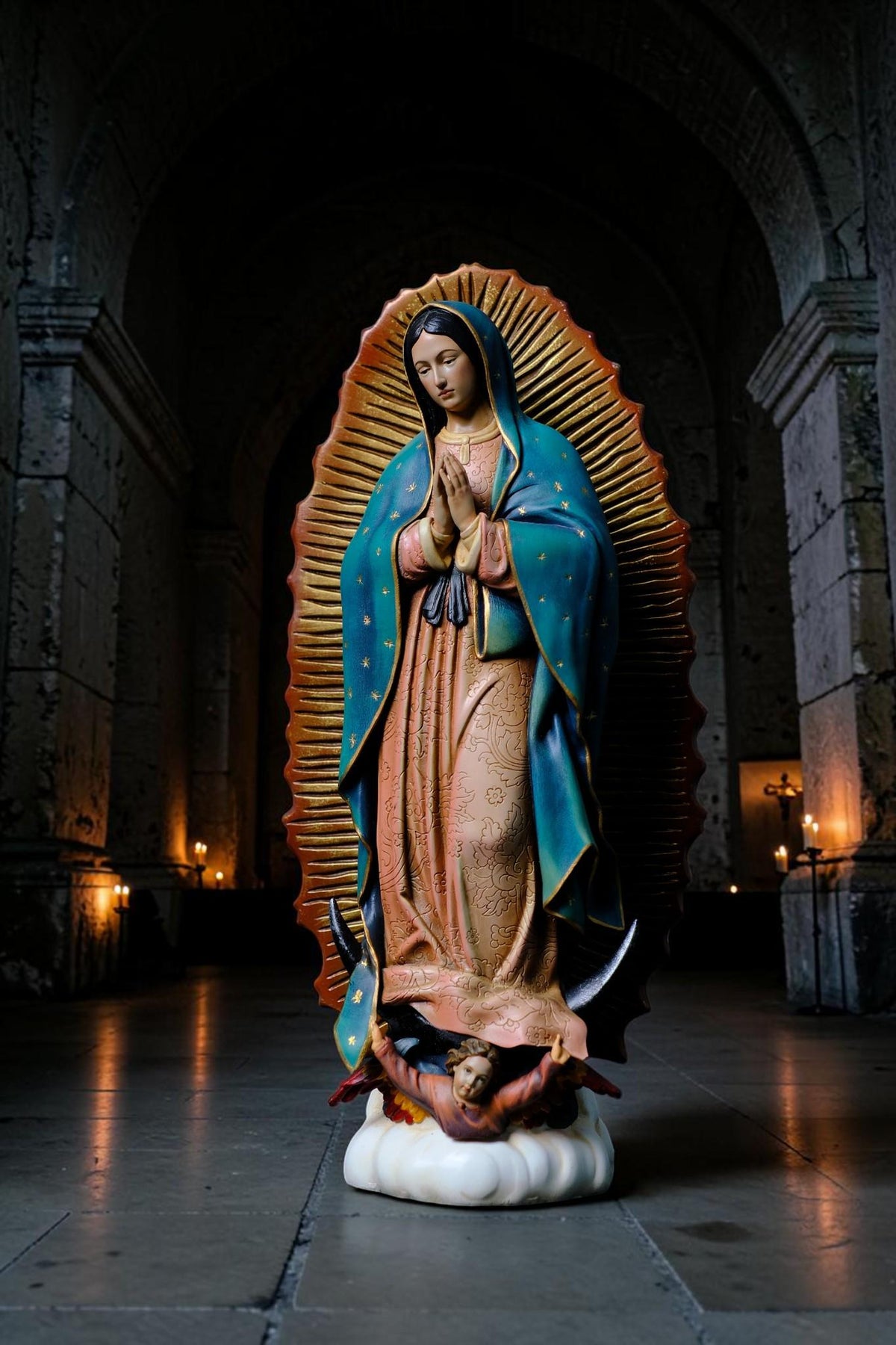 Hand-Painted Our Lady of Guadalupe Statue, Antique Finish Catholic Figurine, Stone Resin Altar Decor __etsy:8437230222