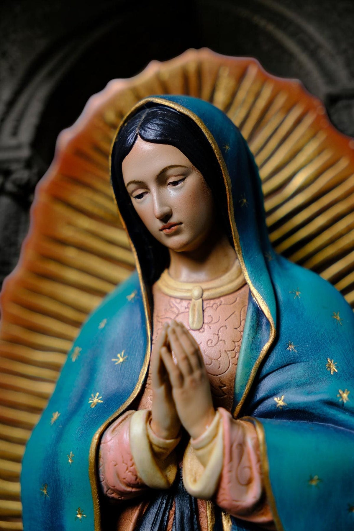 Hand-Painted Our Lady of Guadalupe Statue, Antique Finish Catholic Figurine, Stone Resin Altar Decor __etsy:8437230232