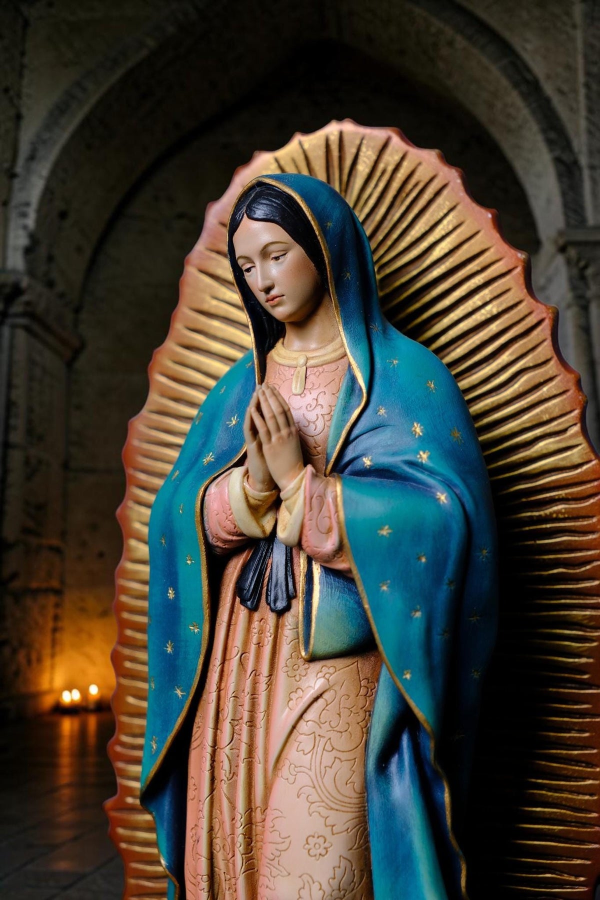 Hand-Painted Our Lady of Guadalupe Statue, Antique Finish Catholic Figurine, Stone Resin Altar Decor __etsy:8437233736