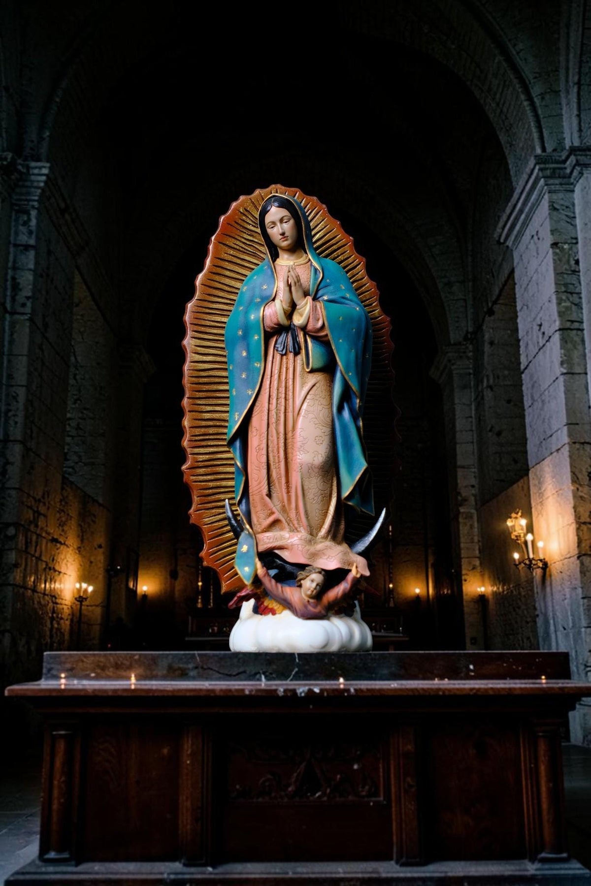 Hand-Painted Our Lady of Guadalupe Statue, Antique Finish Catholic Figurine, Stone Resin Altar Decor __etsy:8437233746