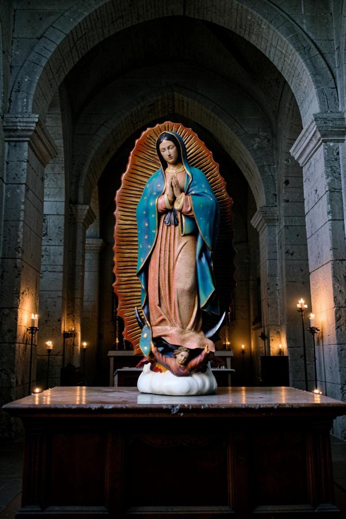 Hand-Painted Our Lady of Guadalupe Statue, Antique Finish Catholic Figurine, Stone Resin Altar Decor __etsy:8437233756