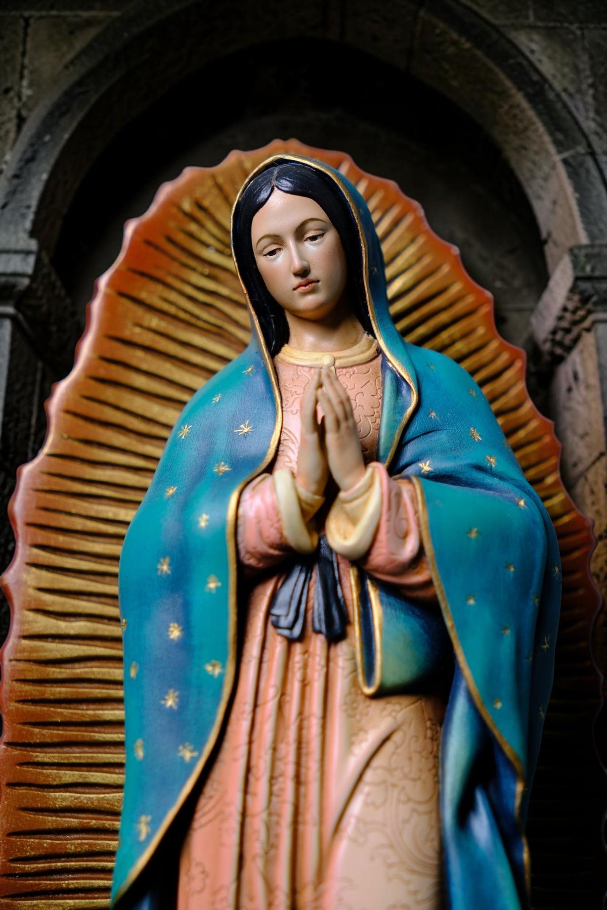 Hand-Painted Our Lady of Guadalupe Statue, Antique Finish Catholic Figurine, Stone Resin Altar Decor __etsy:8437233758