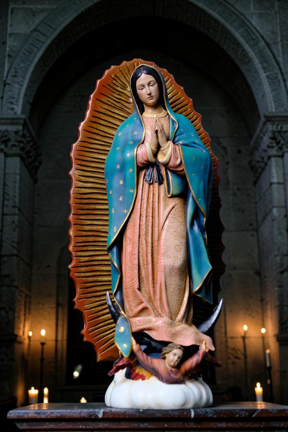 Hand-Painted Our Lady of Guadalupe Statue, Antique Finish Catholic Figurine, Stone Resin Altar Decor __etsy:8437233768