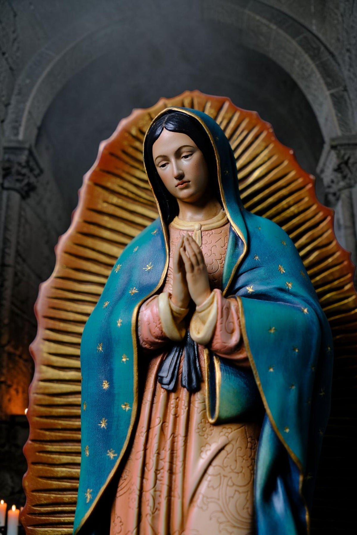 Hand-Painted Our Lady of Guadalupe Statue, Antique Finish Catholic Figurine, Stone Resin Altar Decor __etsy:8437233846