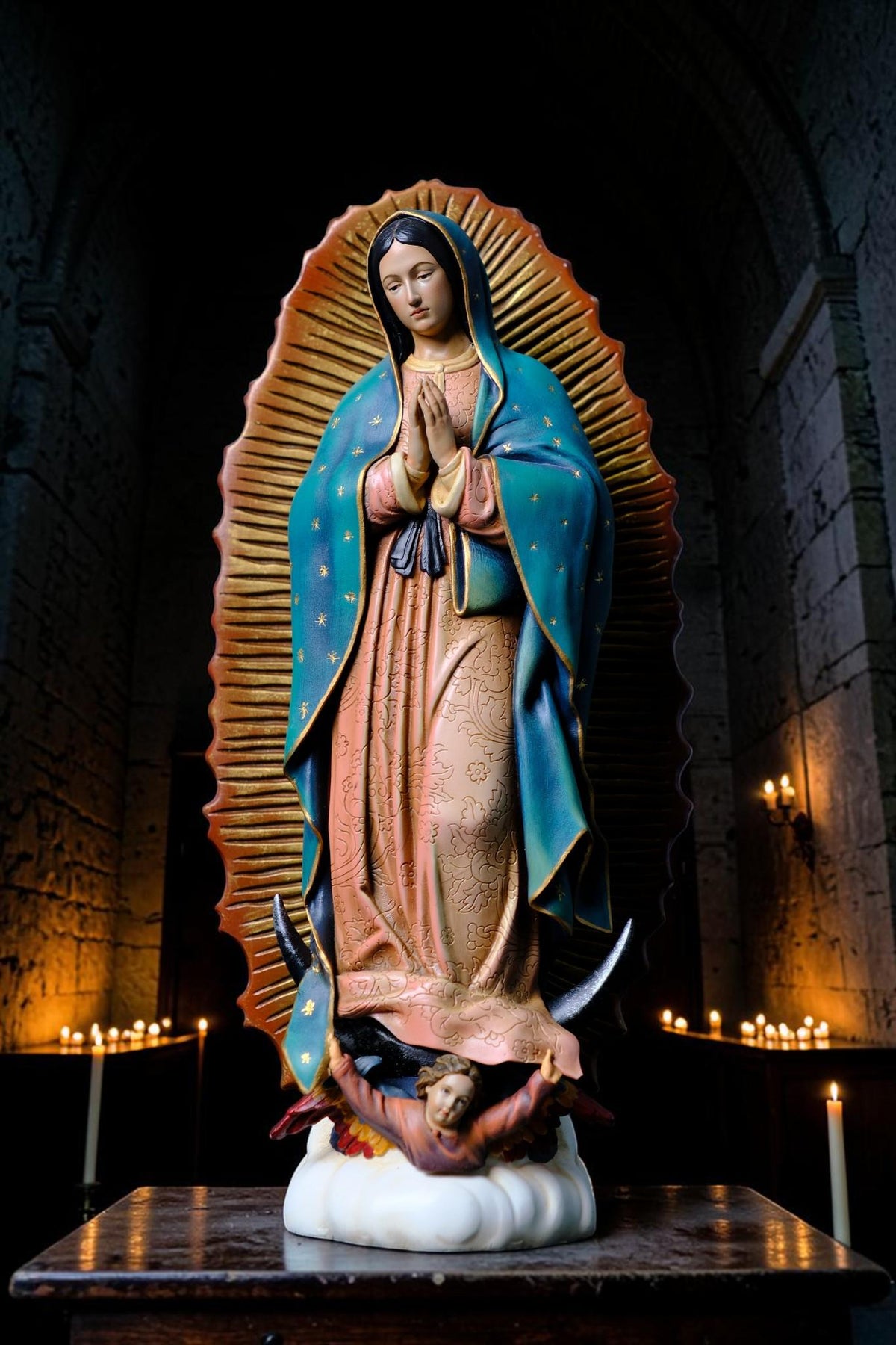 Hand-Painted Our Lady of Guadalupe Statue, Antique Finish Catholic Figurine, Stone Resin Altar Decor __etsy:8437234720