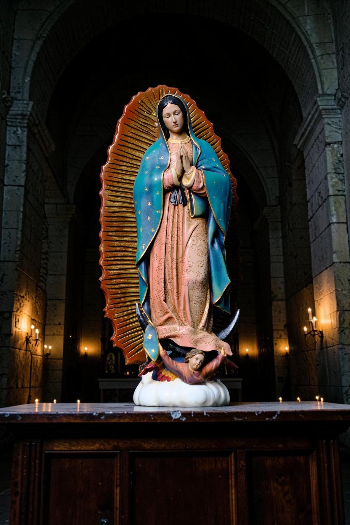 Hand-Painted Our Lady of Guadalupe Statue, Antique Finish Catholic Figurine, Stone Resin Altar Decor __etsy:8437234722