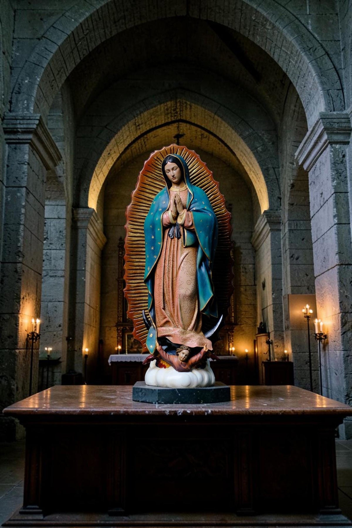Hand-Painted Our Lady of Guadalupe Statue, Antique Finish Catholic Figurine, Stone Resin Altar Decor __etsy:8437234724