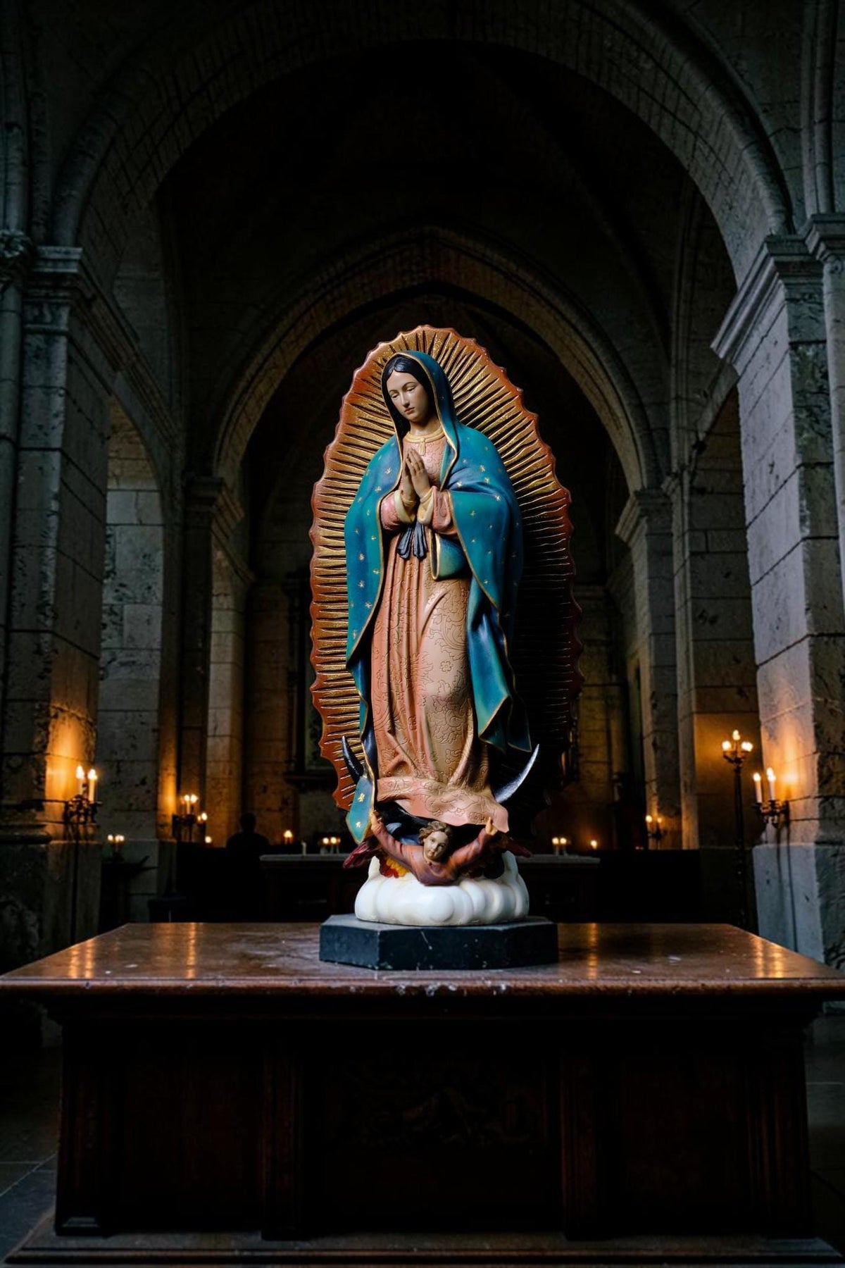 Hand-Painted Our Lady of Guadalupe Statue, Antique Finish Catholic Figurine, Stone Resin Altar Decor __etsy:8485098855