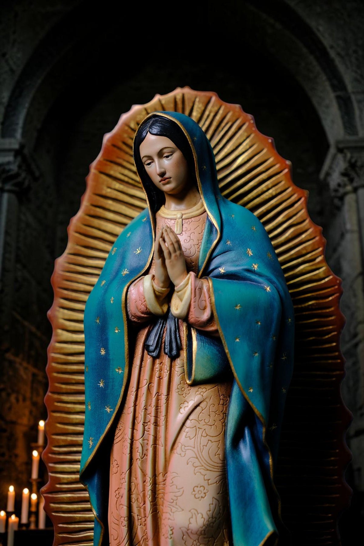 Hand-Painted Our Lady of Guadalupe Statue, Antique Finish Catholic Figurine, Stone Resin Altar Decor __etsy:8485098863