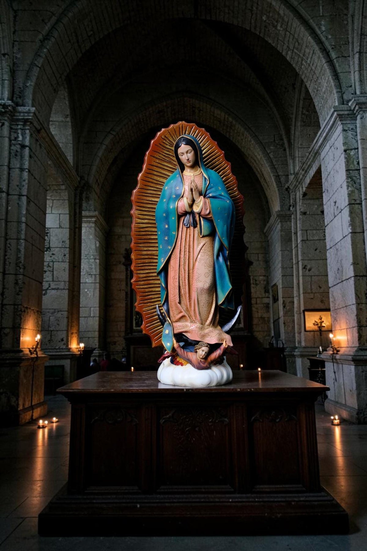 Hand-Painted Our Lady of Guadalupe Statue, Antique Finish Catholic Figurine, Stone Resin Altar Decor __etsy:8485102309