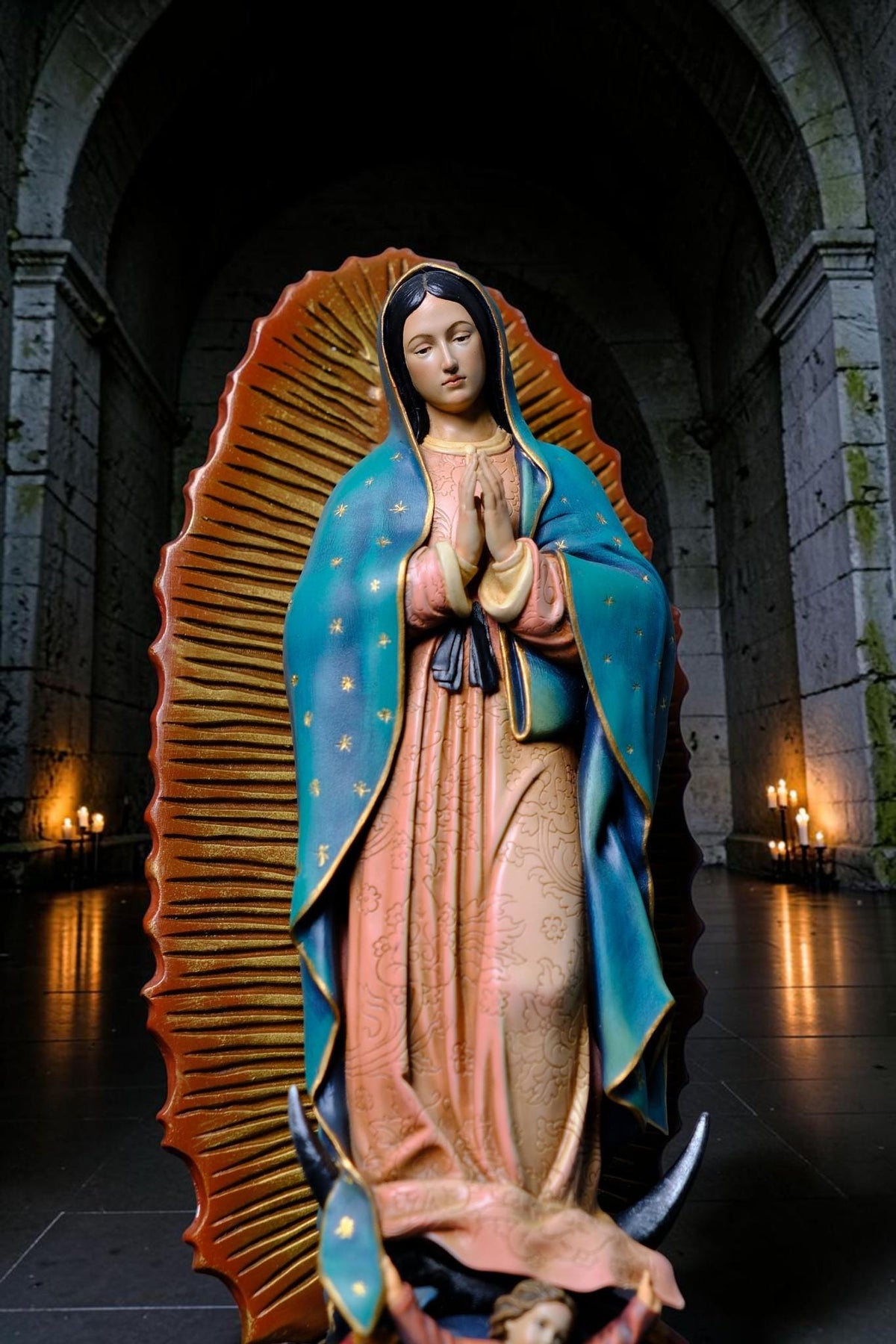 Hand-Painted Our Lady of Guadalupe Statue, Antique Finish Catholic Figurine, Stone Resin Altar Decor __etsy:8485102381