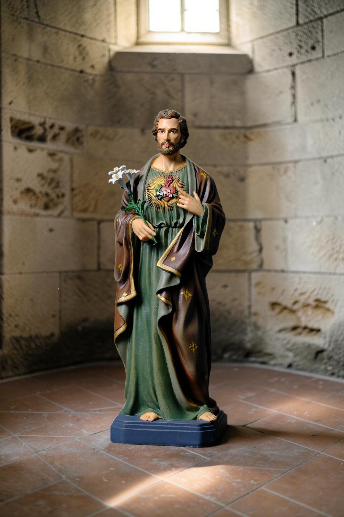 Hand-Painted Saint Joseph the Worker Statue, 30cm Catholic Figurine with Lily, Antique Finish