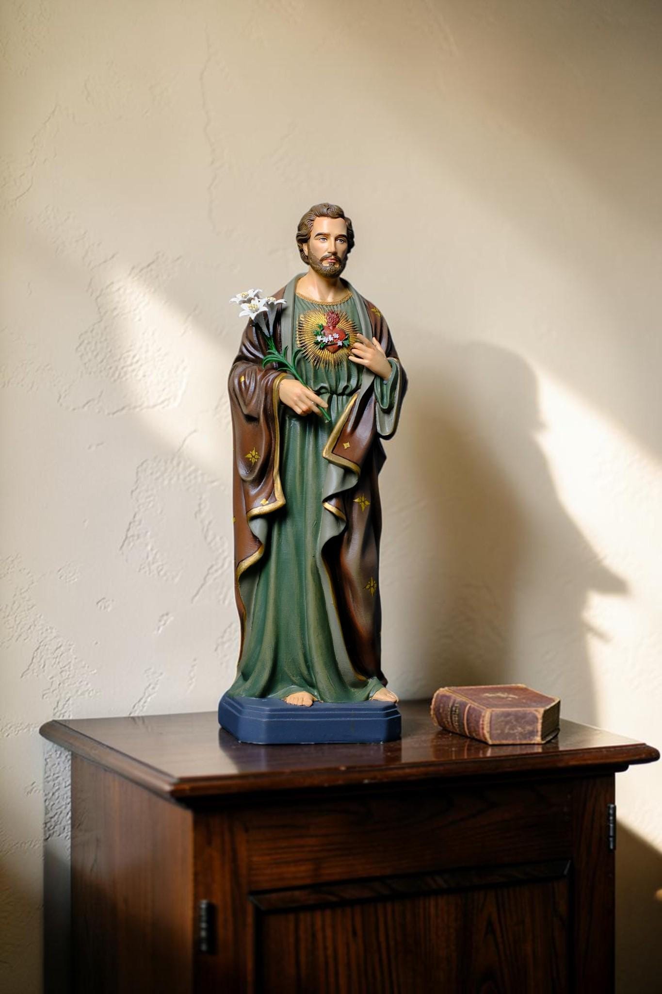 Hand-Painted Saint Joseph the Worker Statue, 30cm Catholic Figurine with Lily, Antique Finish