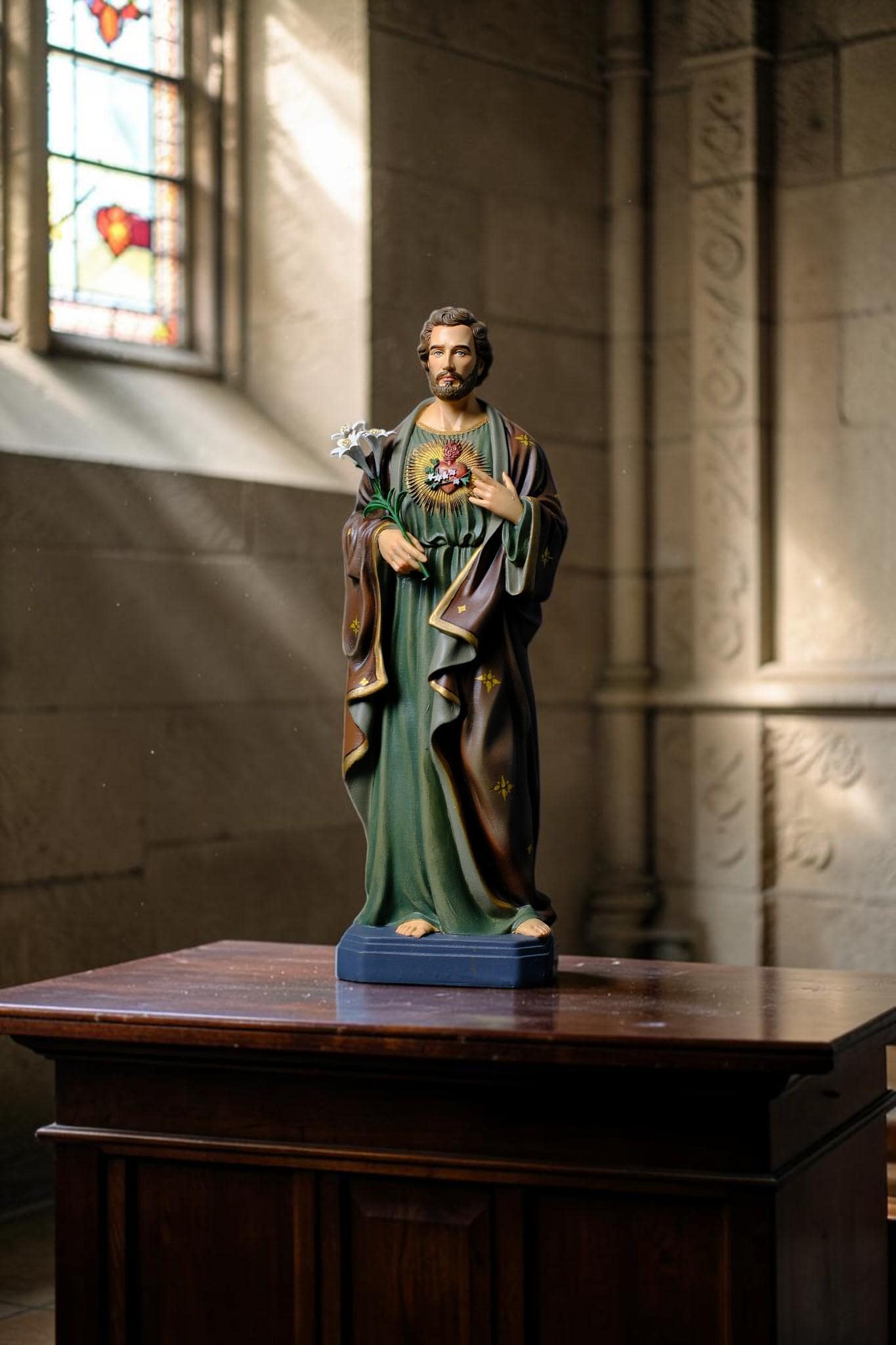 Hand-Painted Saint Joseph the Worker Statue, 30cm Catholic Figurine with Lily, Antique Finish