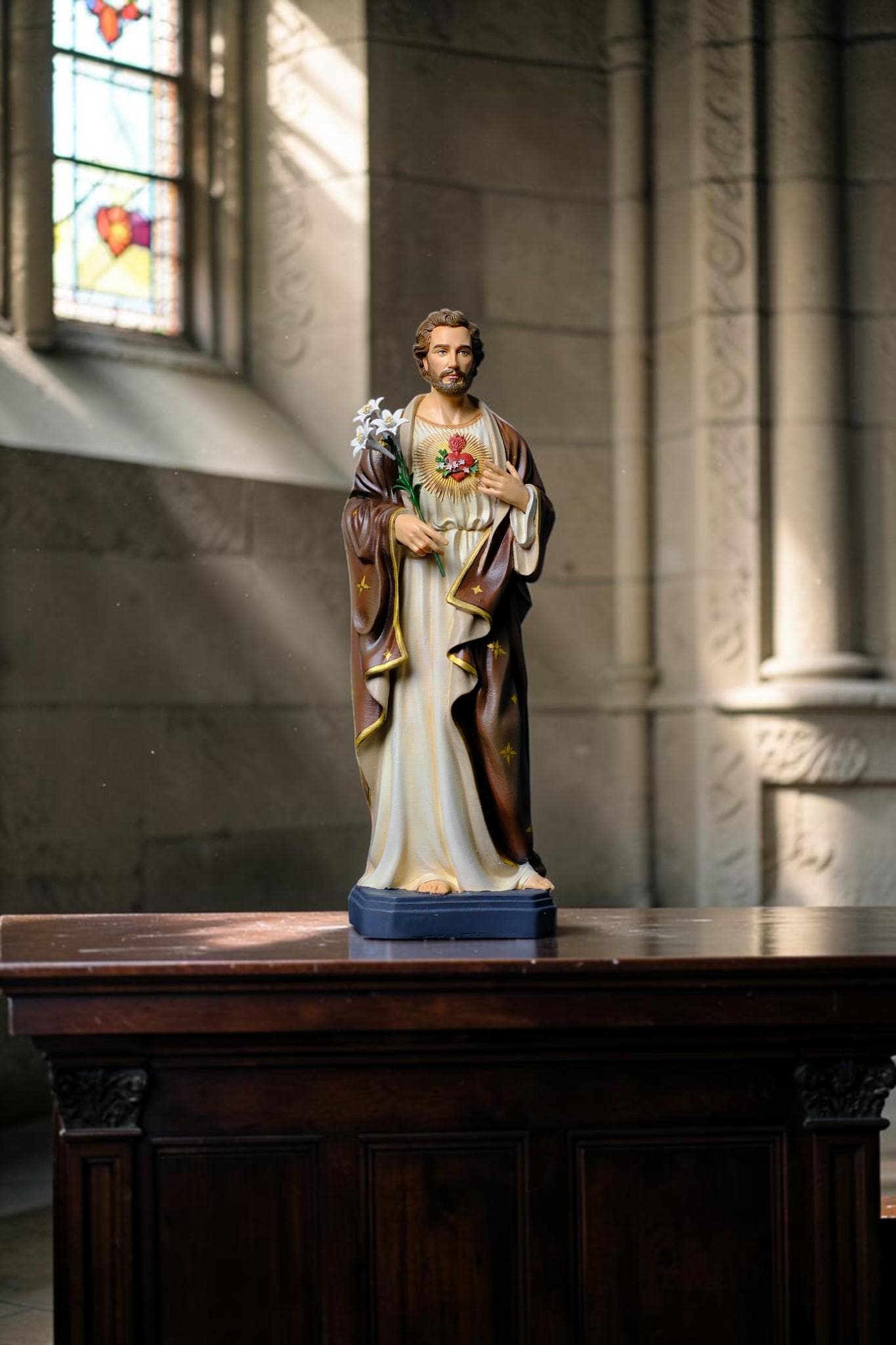 Hand-Painted Saint Joseph the Worker Statue, 30cm Catholic Figurine with Lily, Home Altar Decor