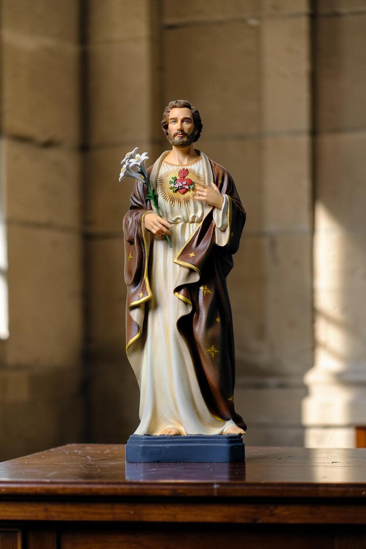 Hand-Painted Saint Joseph the Worker Statue, 30cm Catholic Figurine with Lily, Home Altar Decor