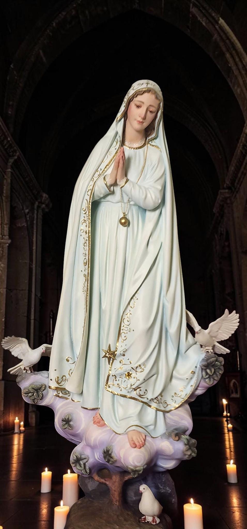 Hand-Painted Our Lady of Peace Statue 40cm Marian Figurine with Doves, Gold Accents, Home Altar Decor