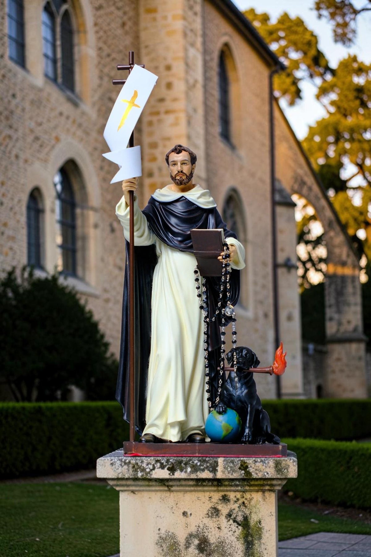 Hand-Painted Saint Dominic Statue, 30cm Catholic Figurine with Rosary, Dog, Book (Home Altar Decor)
