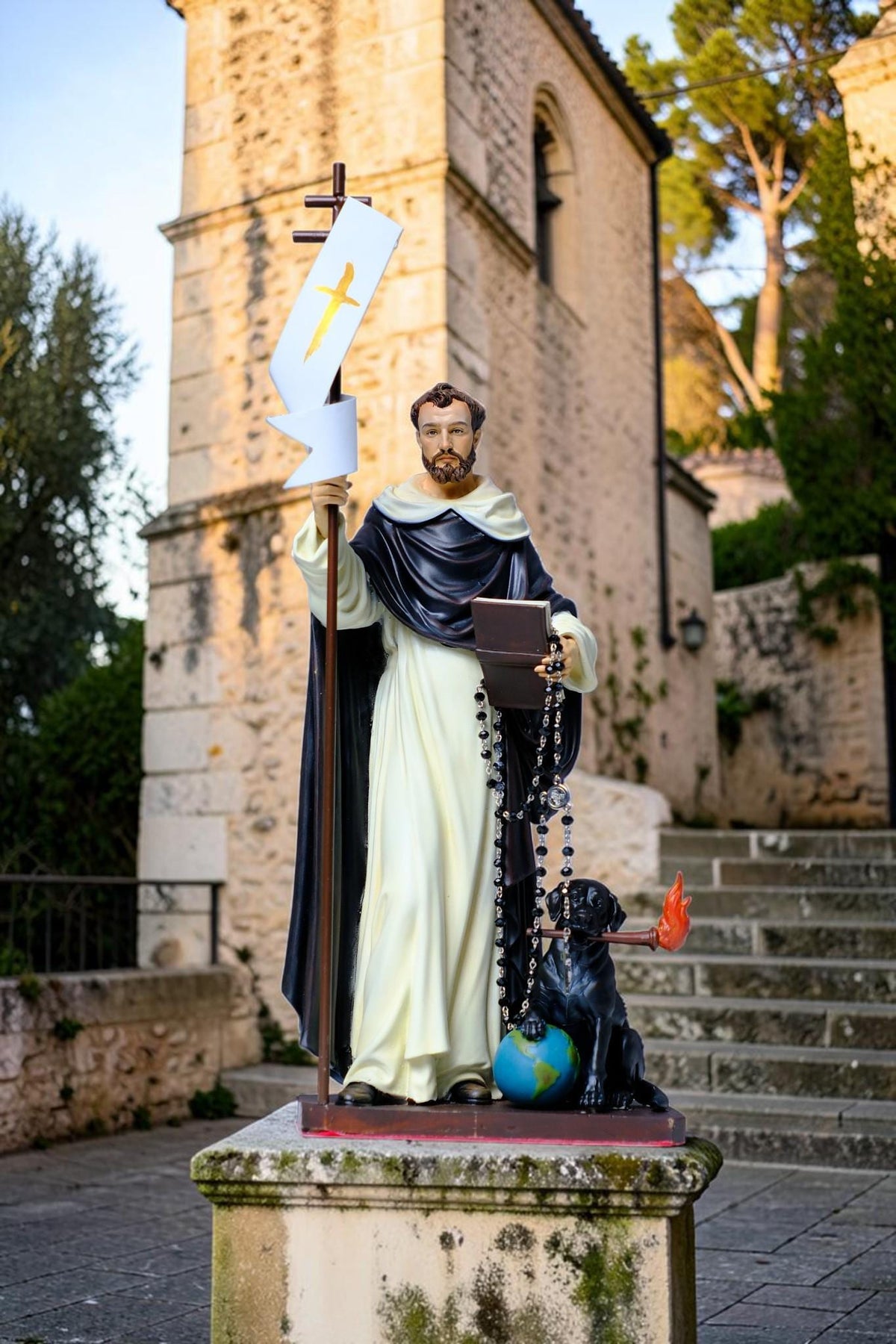 Hand-Painted Saint Dominic Statue, 30cm Catholic Figurine with Rosary, Dog, Book (Home Altar Decor)
