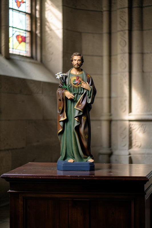 Hand-Painted Saint Joseph the Worker Statue, 30cm Catholic Figurine with Lily, Antique Finish