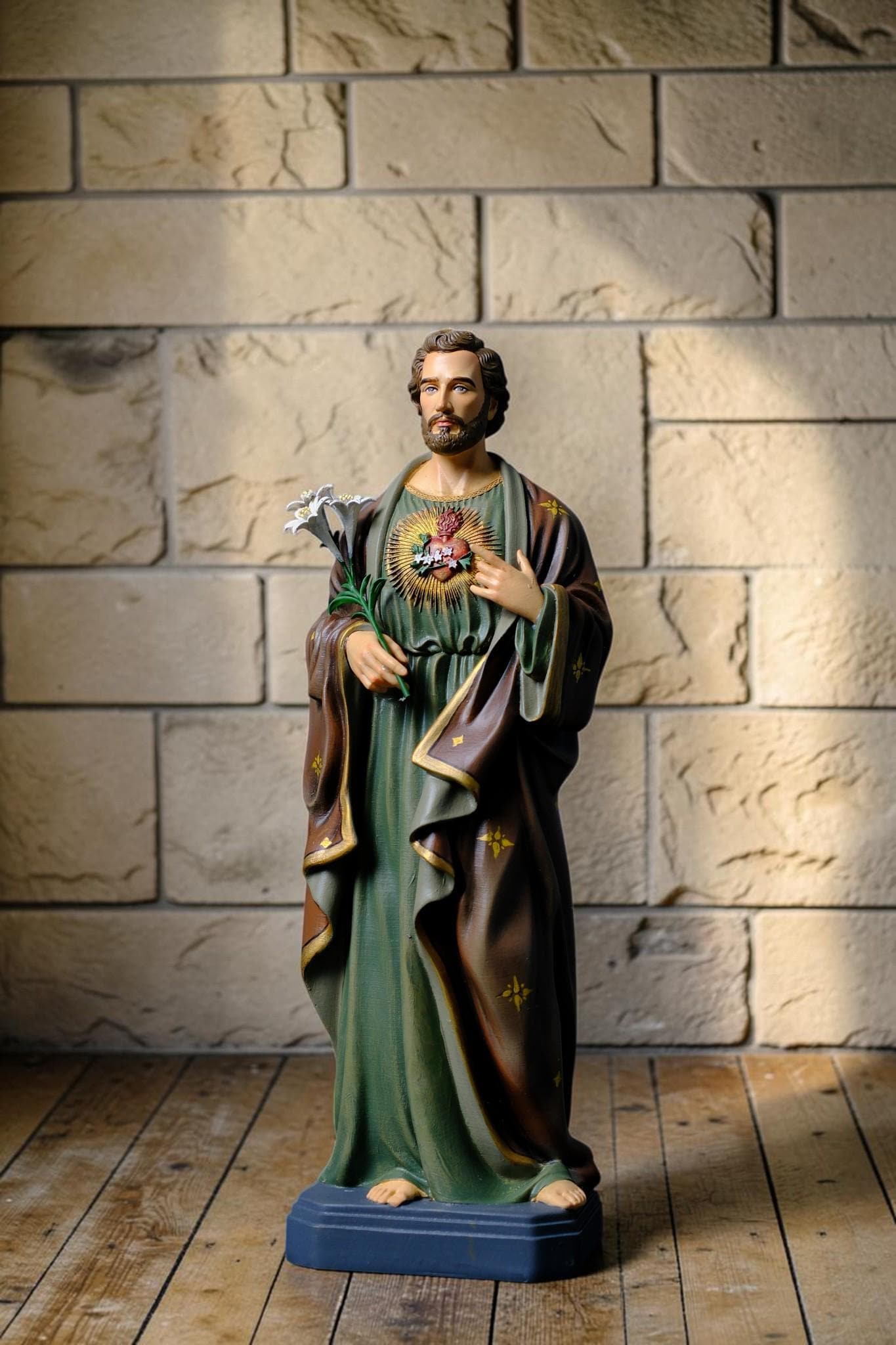 Hand-Painted Saint Joseph the Worker Statue, 30cm Catholic Figurine with Lily, Antique Finish