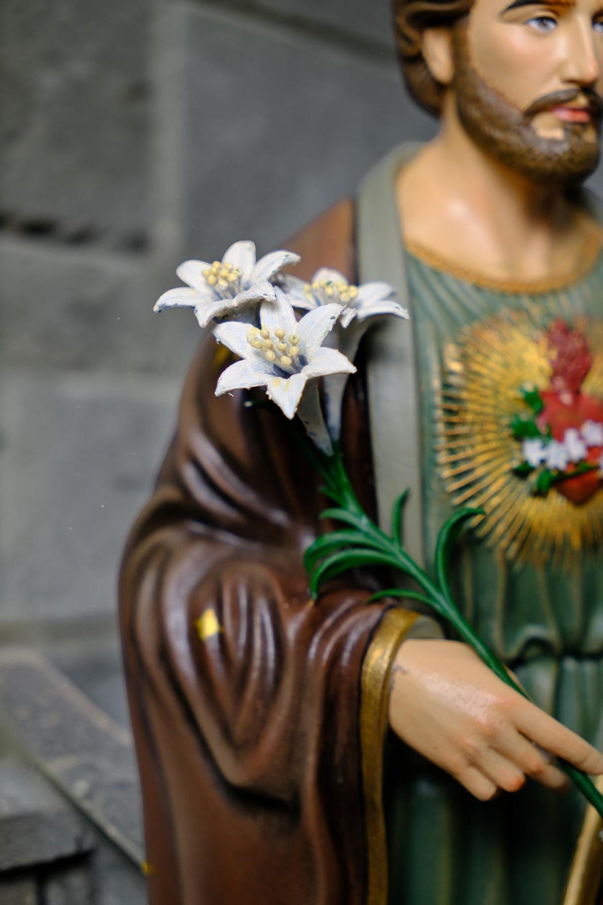 Hand-Painted Saint Joseph the Worker Statue, 30cm Catholic Figurine with Lily, Antique Finish
