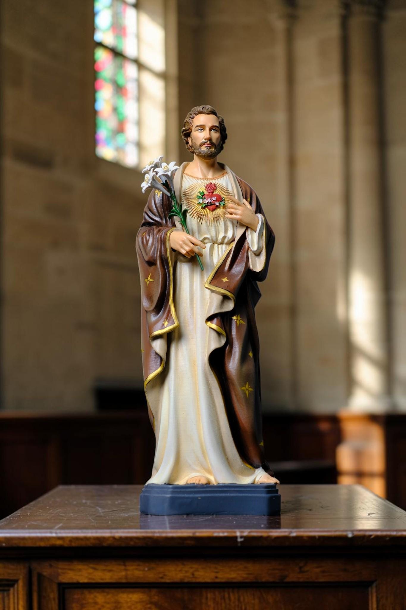 Hand-Painted Saint Joseph the Worker Statue, 30cm Catholic Figurine with Lily, Home Altar Decor