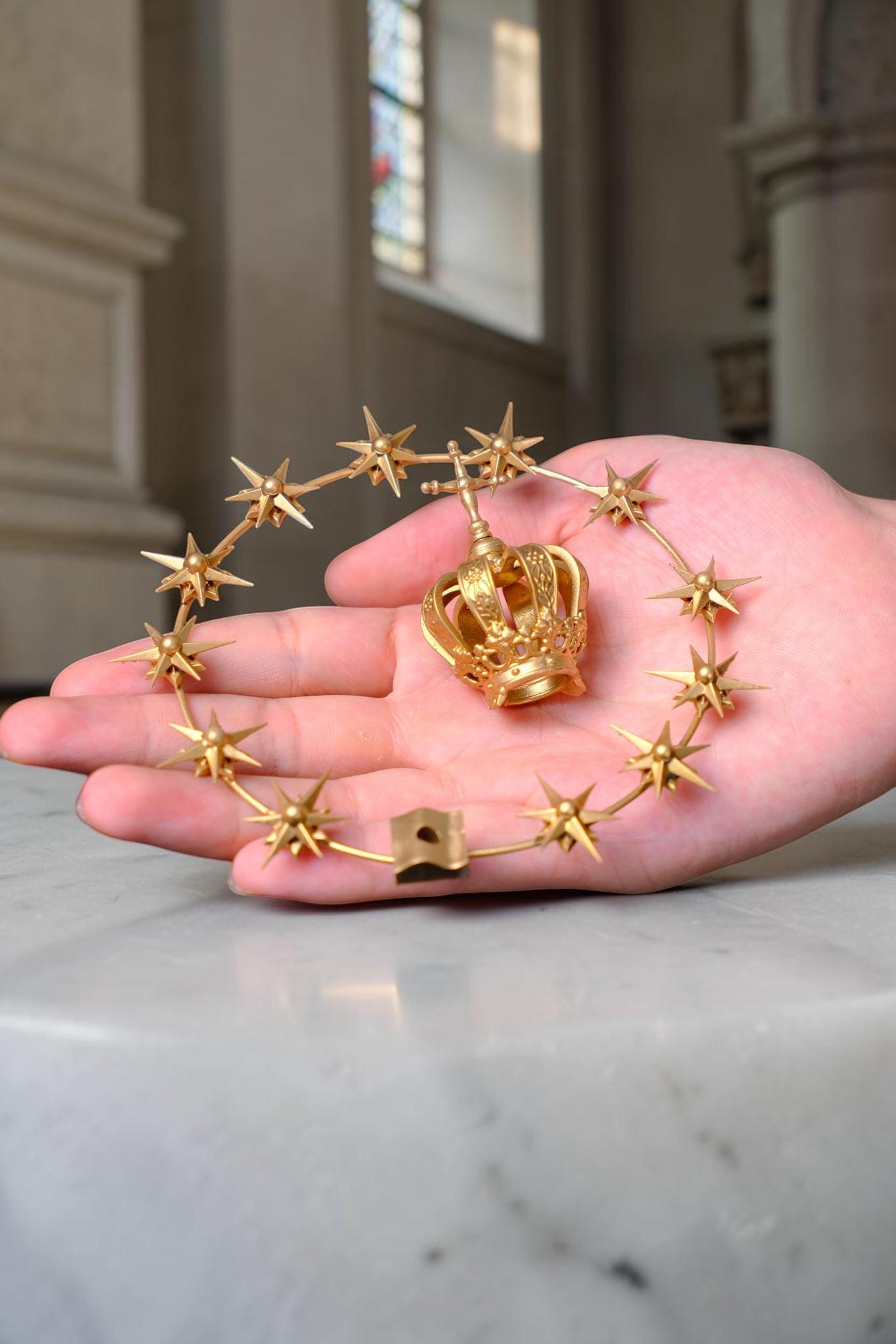 12-Star Halo & Crown Set for Catholic Statues, Gold-Tone Marian Accessory (10cm Diameter)