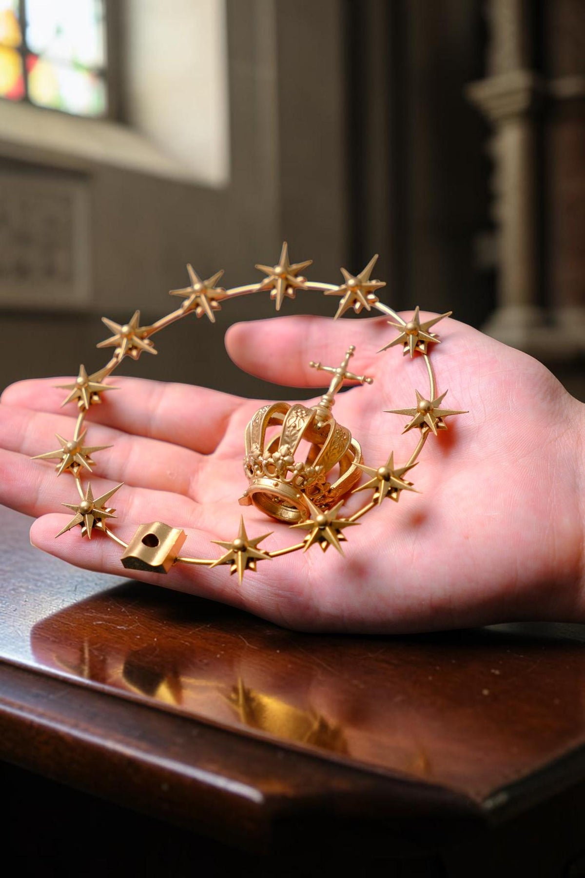 12-Star Halo & Crown Set for Catholic Statues, Gold-Tone Marian Accessory (10cm Diameter)