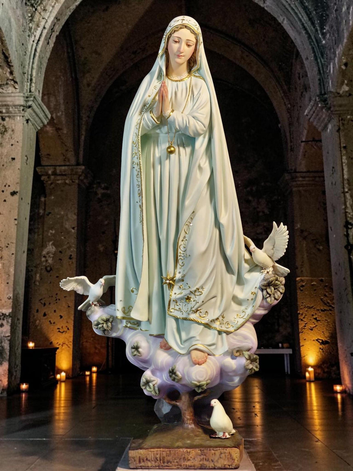 Hand-Painted Our Lady of Peace Statue 40cm Marian Figurine with Doves, Gold Accents, Home Altar Decor