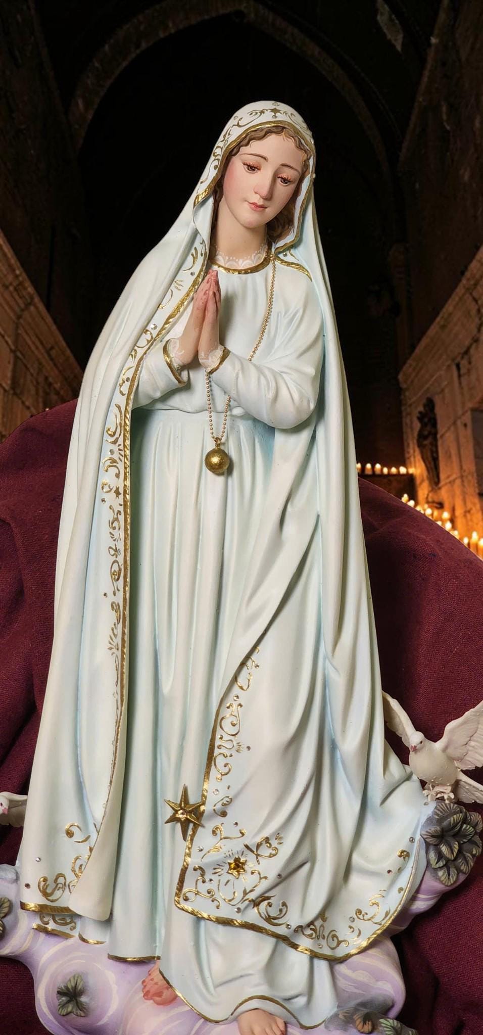 Hand-Painted Our Lady of Peace Statue 40cm Marian Figurine with Doves, Gold Accents, Home Altar Decor